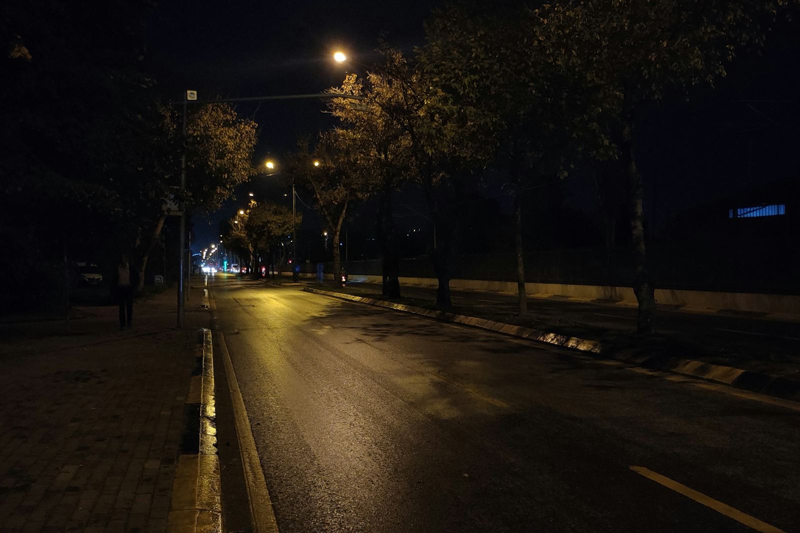 Upplyst trottoar längs en blöt gata en höstkväll, med gatlyktor och träd i rad